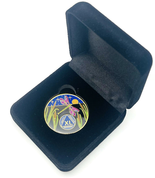 Dragonfly 9th Step 40 Year Specialty AA Recovery Medallion - Tri-Plated Forty Year Chip/Coin + Velvet Case
