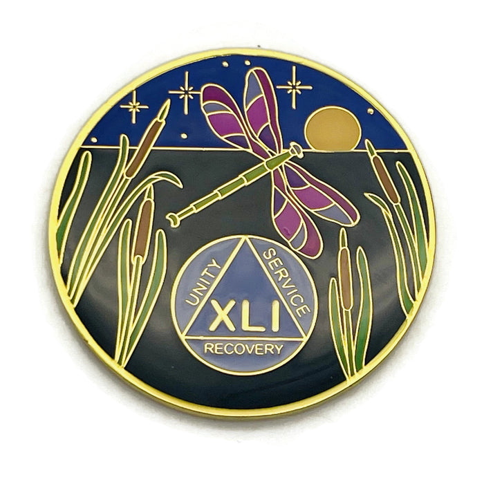 Dragonfly 9th Step 41 Year Specialty AA Recovery Medallion - Tri-Plated Forty-One Year Chip/Coin + Velvet Case