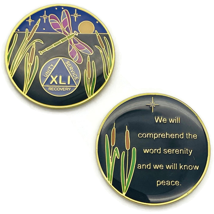 Dragonfly 9th Step 41 Year Specialty AA Recovery Medallion - Tri-Plated Forty-One Year Chip/Coin + Velvet Case