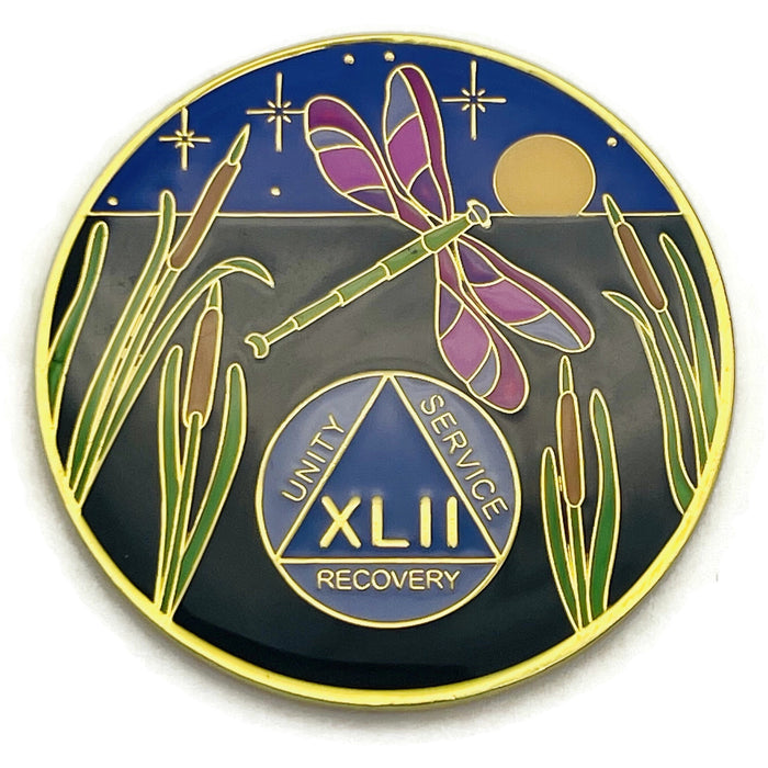 Dragonfly 9th Step 42 Year Specialty AA Recovery Medallion - Tri-Plated Forty-Two Year Chip/Coin + Velvet Case