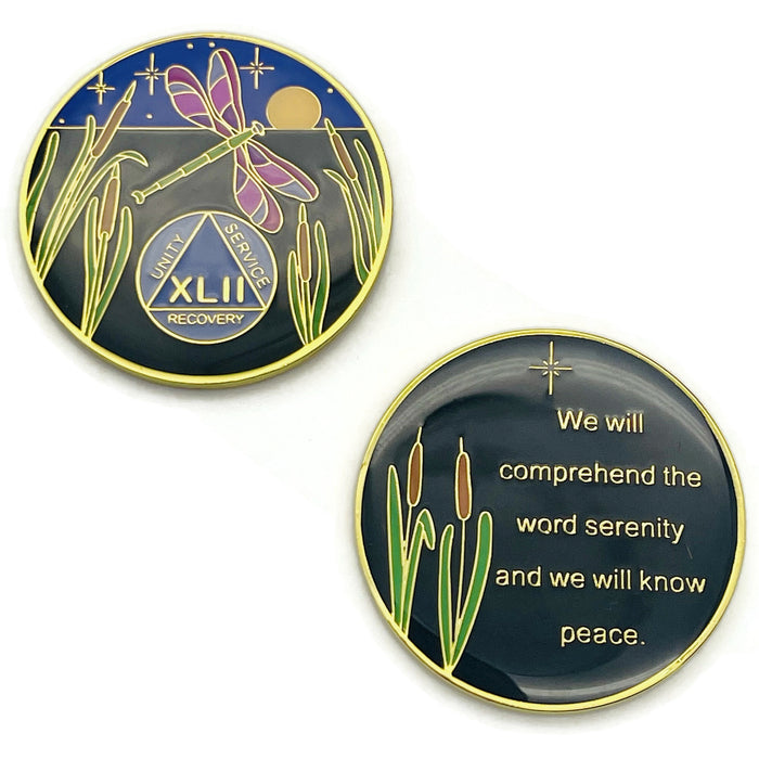 Dragonfly 9th Step 42 Year Specialty AA Recovery Medallion - Tri-Plated Forty-Two Year Chip/Coin + Velvet Case