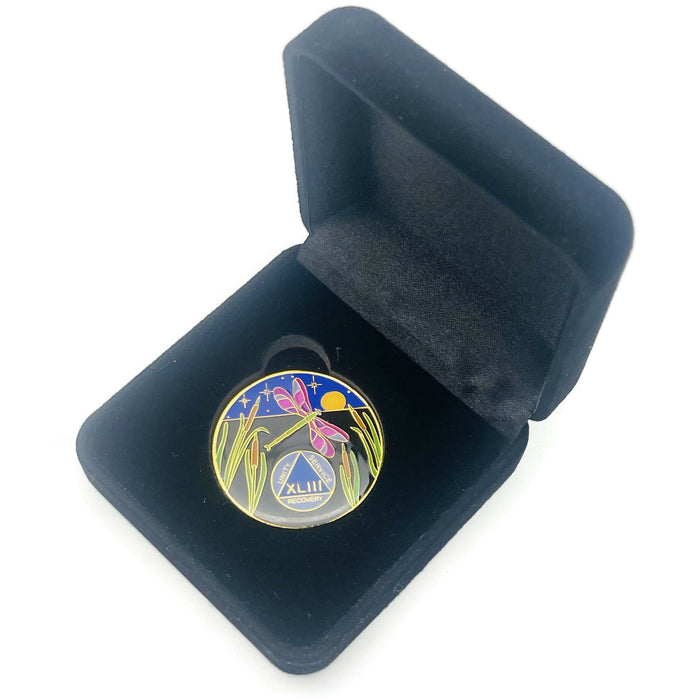 Dragonfly 9th Step 43 Year Specialty AA Recovery Medallion - Tri-Plated Forty-Three Year Chip/Coin + Velvet Case