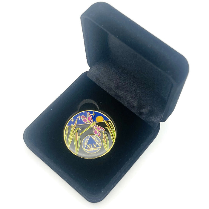 Dragonfly 9th Step 45 Year Specialty AA Recovery Medallion - Tri-Plated Forty-Five Year Chip/Coin + Velvet Case