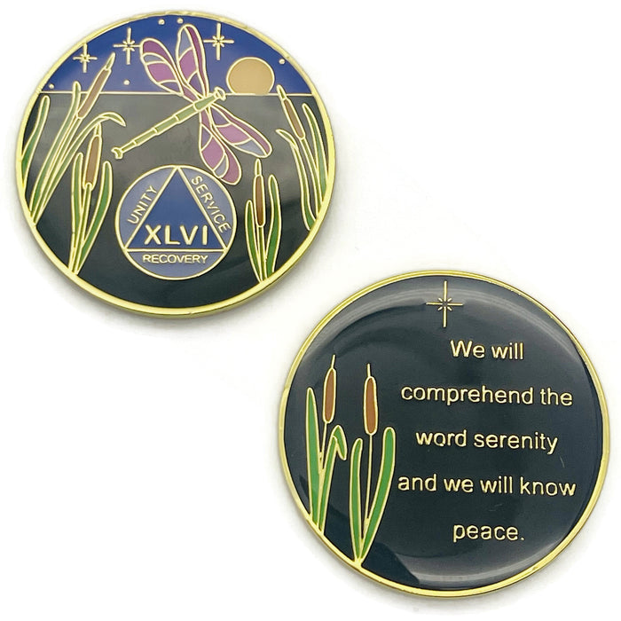 Dragonfly 9th Step 46 Year Specialty AA Recovery Medallion - Tri-Plated Forty-Six Year Chip/Coin + Velvet Case