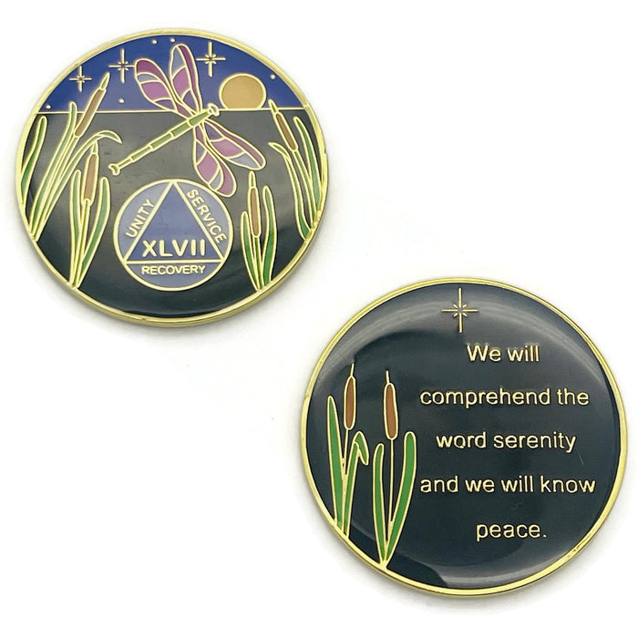 Dragonfly 9th Step 47 Year Specialty AA Recovery Medallion - Tri-Plated Forty-Seven Year Chip/Coin + Velvet Case