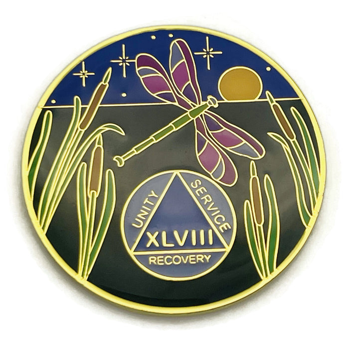 Dragonfly 9th Step 48 Year Specialty AA Recovery Medallion - Tri-Plated Forty-Eight Year Chip/Coin + Velvet Case