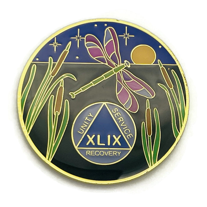 Dragonfly 9th Step 49 Year Specialty AA Recovery Medallion - Tri-Plated Forty-Nine Year Chip/Coin + Velvet Case