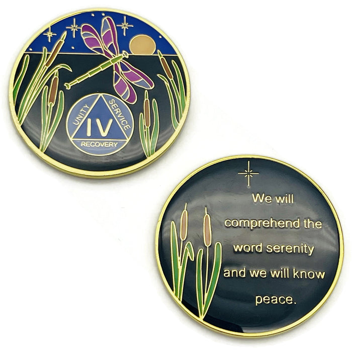 Dragonfly 9th Step 4 Year Specialty AA Recovery Medallion - Tri-Plated Four Year Chip/Coin + Velvet Case