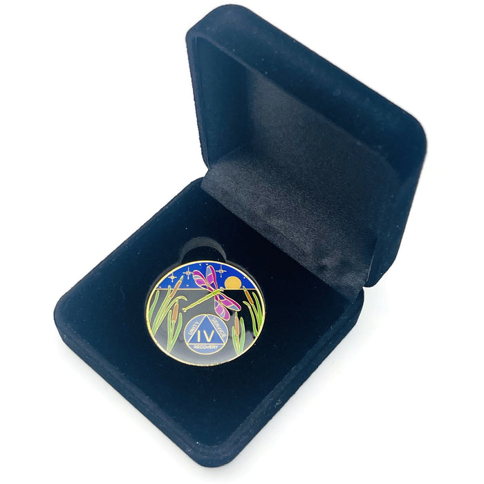Dragonfly 9th Step 4 Year Specialty AA Recovery Medallion - Tri-Plated Four Year Chip/Coin + Velvet Case
