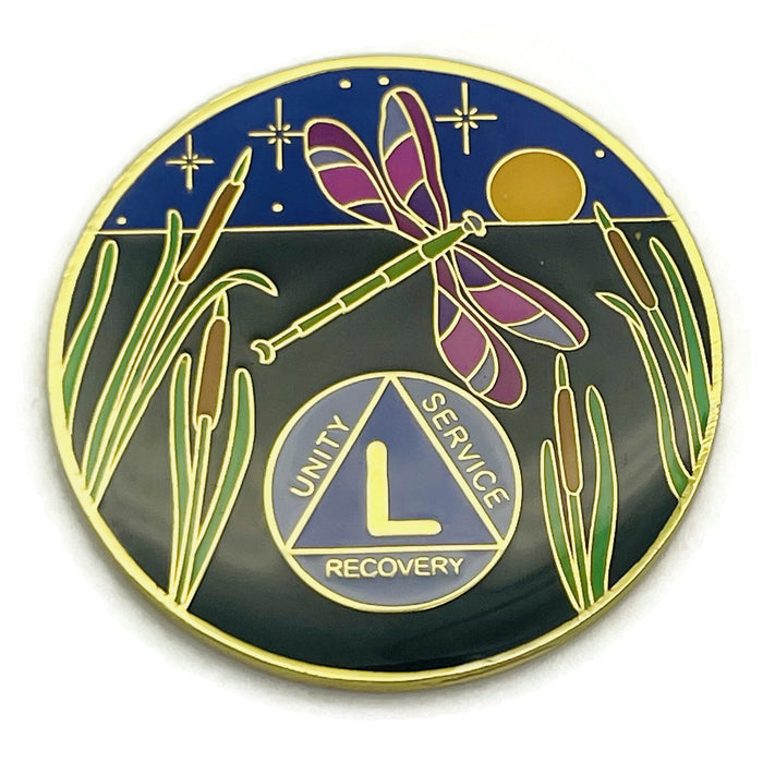 Dragonfly 9th Step 50 Year Specialty AA Recovery Medallion - Tri-Plated Fifty Year Chip/Coin + Velvet Case