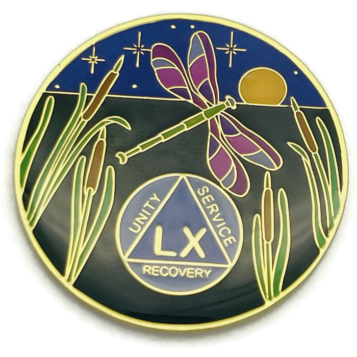Dragonfly 9th Step 60 Year Specialty AA Recovery Medallion - Tri-Plated Sixty Year Chip/Coin