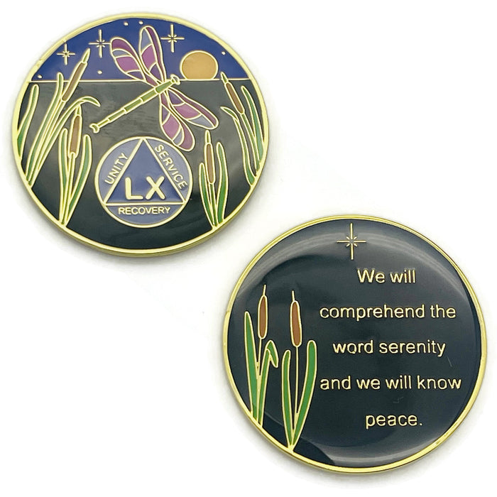 Dragonfly 9th Step 60 Year Specialty AA Recovery Medallion - Tri-Plated Sixty Year Chip/Coin