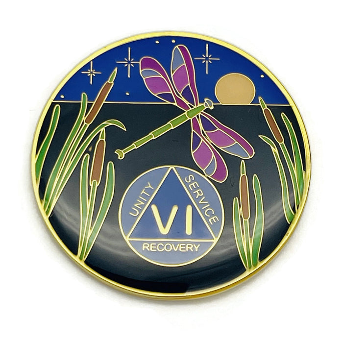 Dragonfly 9th Step 6 Year Specialty AA Recovery Medallion - Tri-Plated Six Year Chip/Coin + Velvet Case
