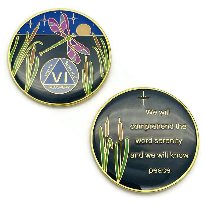Dragonfly 9th Step 6 Year Specialty AA Recovery Medallion - Tri-Plated Six Year Chip/Coin + Velvet Case