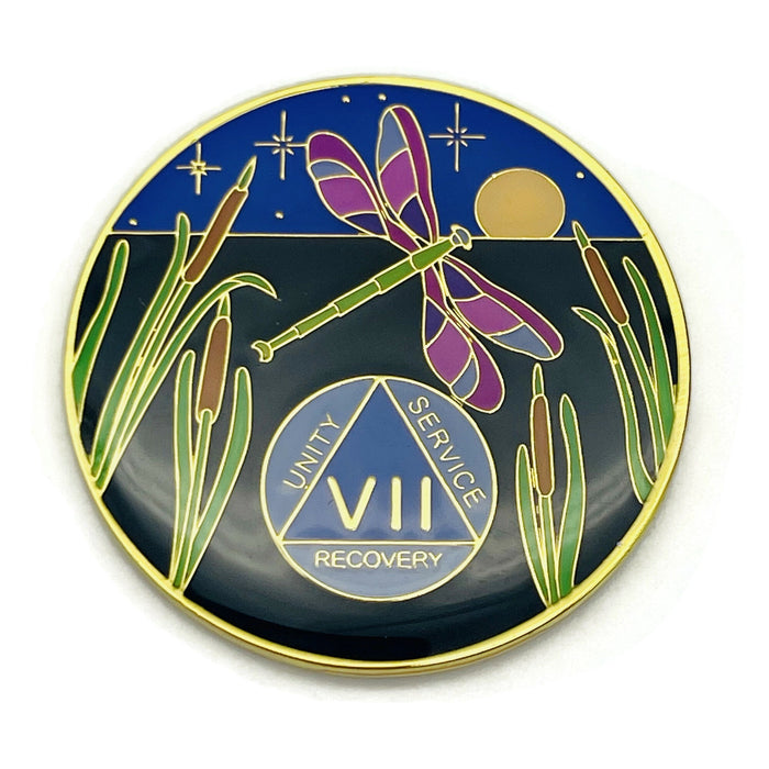 Dragonfly 9th Step 7 Year Specialty AA Recovery Medallion - Tri-Plated Seven Year Chip/Coin + Velvet Case
