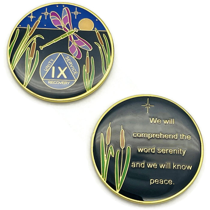 Dragonfly 9th Step 9 Year Specialty AA Recovery Medallion - Tri-Plated Nine Year Chip/Coin + Velvet Case