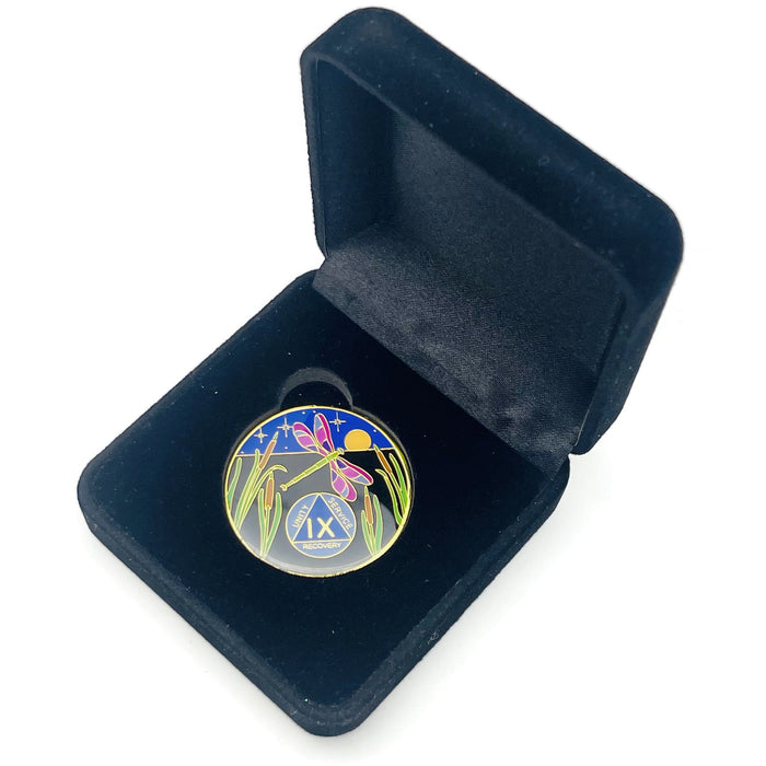 Dragonfly 9th Step 9 Year Specialty AA Recovery Medallion - Tri-Plated Nine Year Chip/Coin + Velvet Case