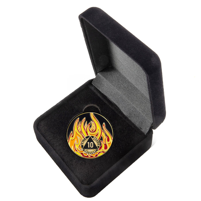 10 Year Sobriety Mint Twisted Flames Gold Plated AA Recovery Medallion - Ten Year Chip/Coin - Black/Red/Orange/Yellow + Velvet Case