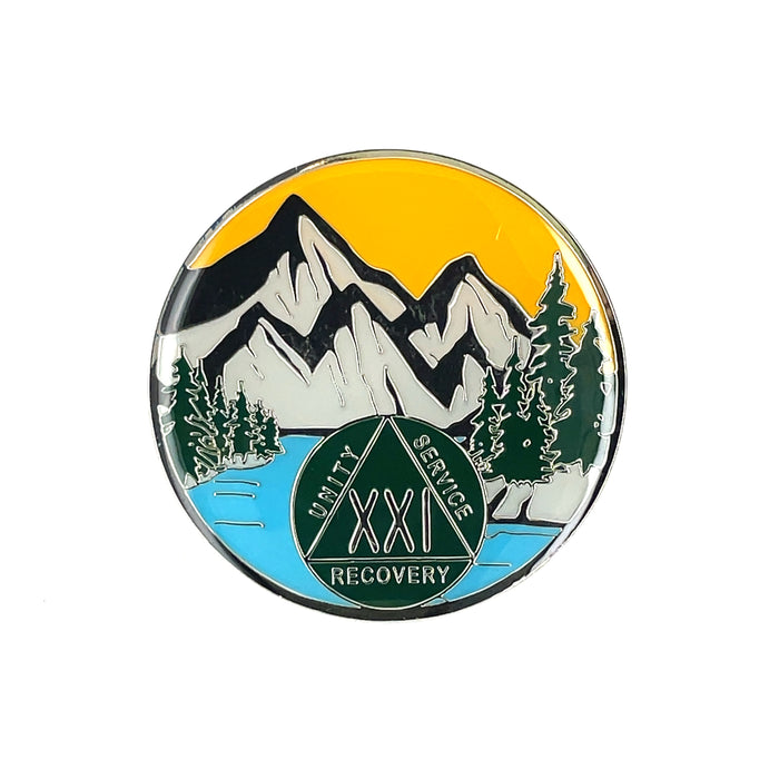 21 Year Mountain Scene Specialty AA Recovery Medallion - Twenty-One Year Tri-Plated Chip/Coin/Token