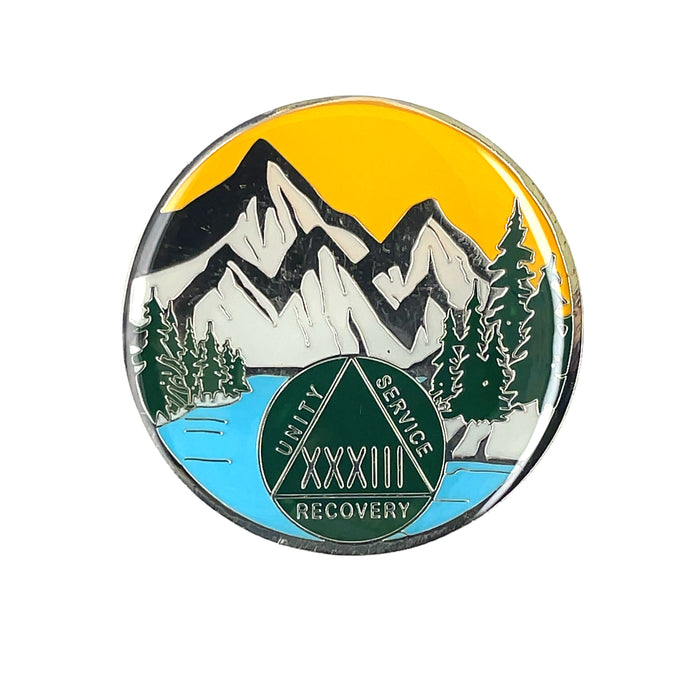 33 Year Mountain Scene Specialty AA Recovery Medallion - Thirty-Three Year Tri-Plated Chip/Coin/Token