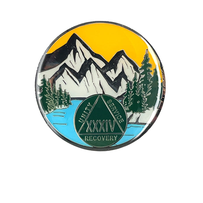 34 Year Mountain Scene Specialty AA Recovery Medallion - Thirty-Four Year Tri-Plated Chip/Coin/Token