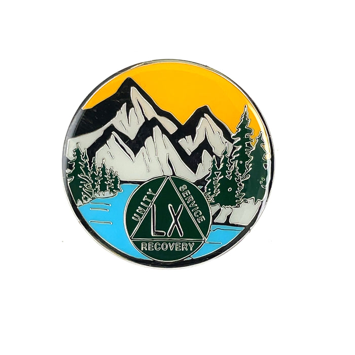 60 Year Mountain Scene Specialty AA Recovery Medallion - Sixty Year Tri-Plated Chip/Coin/Token