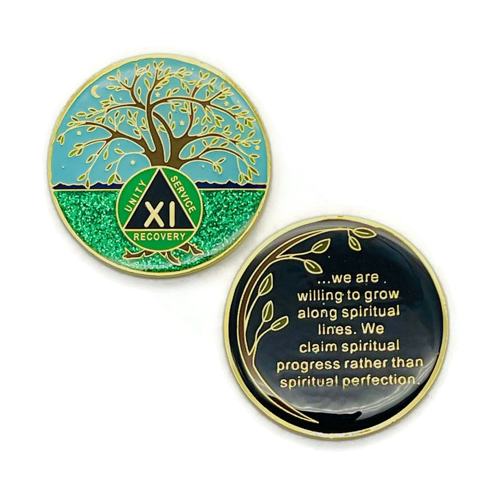 11 Year Tree of Life Specialty AA Recovery Medallion - Tri-Plated Eleven Year Chip/Coin