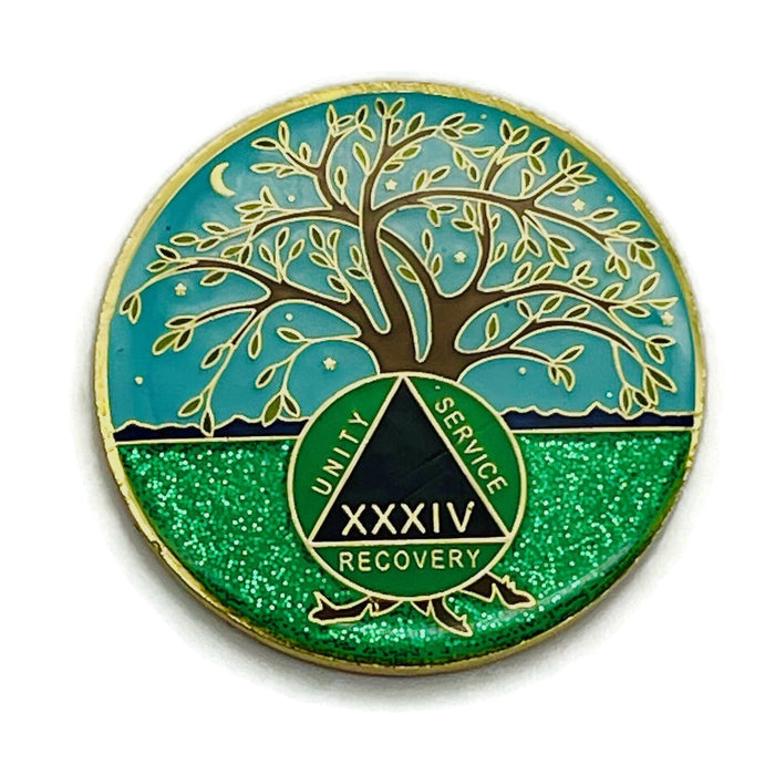 34 Year Tree of Life Specialty AA Recovery Medallion - Tri-Plated Thirty-Four Year Chip/Coin