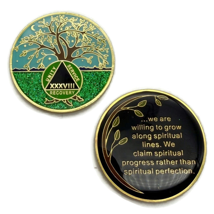 38 Year Tree of Life Specialty AA Recovery Medallion - Tri-Plated Thirty-Eight Year Chip/Coin + Velvet Case