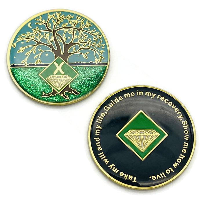 10 Year Tree of Life Specialty Tri-Plated NA Recovery Medallion - Ten Year Chip/Coin - Green/Blue + Velvet Case