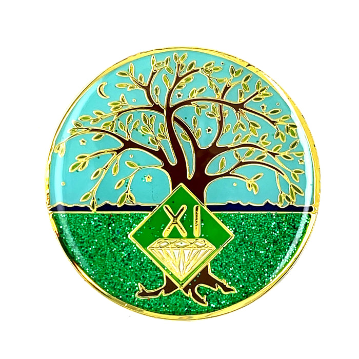 11 Year Tree of Life Specialty Tri-Plated NA Recovery Medallion - Eleven Year Chip/Coin - Green/Blue