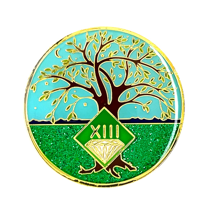 13 Year Tree of Life Specialty Tri-Plated NA Recovery Medallion - Thirteen Year Chip/Coin - Green/Blue