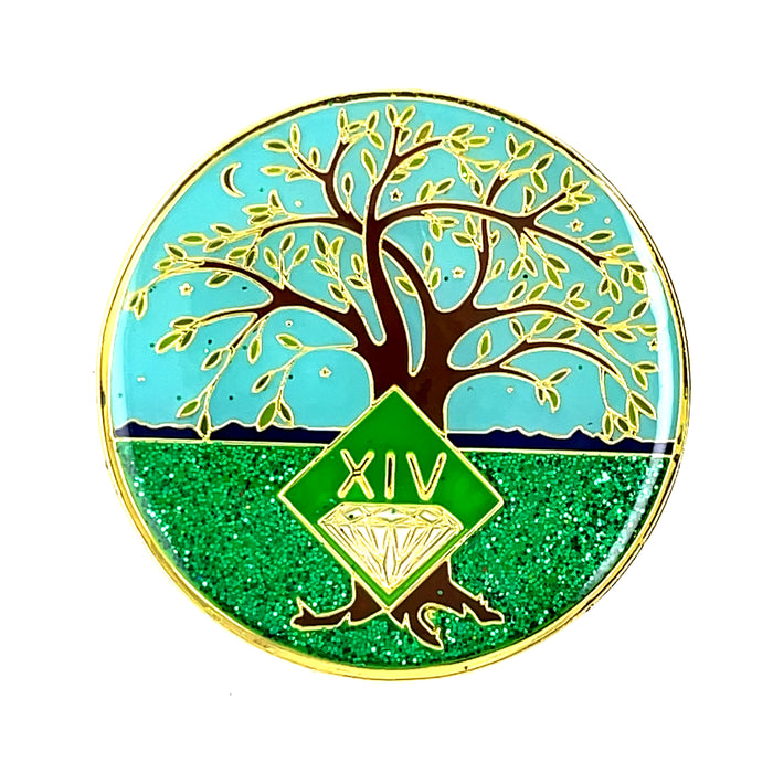 14 Year Tree of Life Specialty Tri-Plated NA Recovery Medallion - Fourteen Year Chip/Coin - Green/Blue