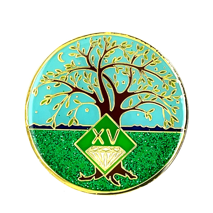 15 Year Tree of Life Specialty Tri-Plated NA Recovery Medallion - Fifteen Year Chip/Coin - Green/Blue