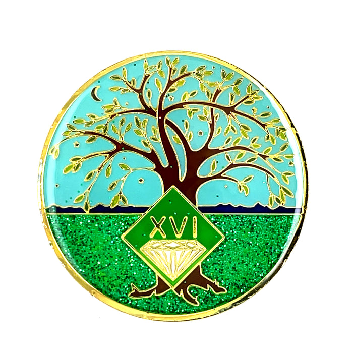 16 Year Tree of Life Specialty Tri-Plated NA Recovery Medallion - Sixteen Year Chip/Coin - Green/Blue