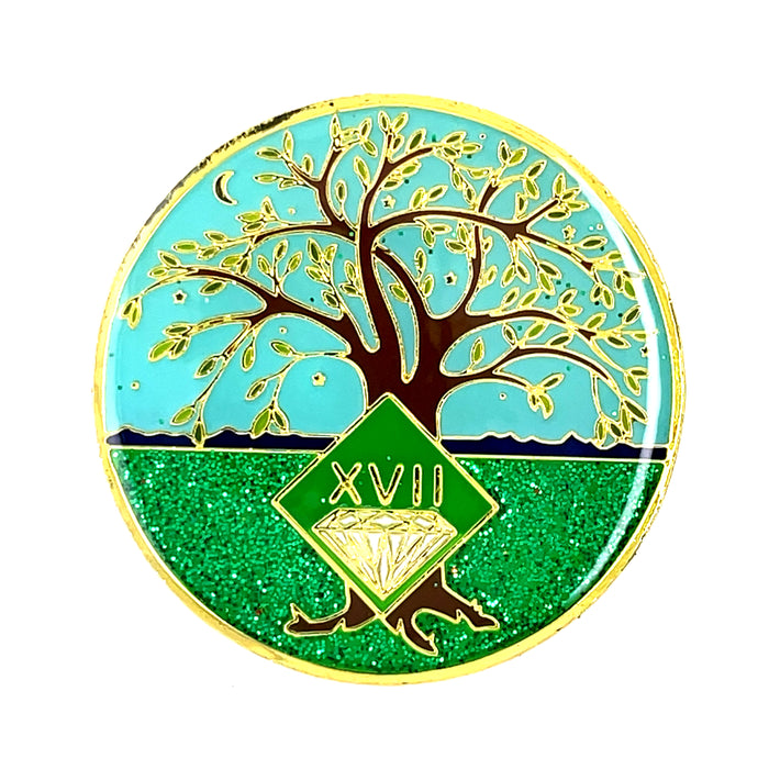 17 Year Tree of Life Specialty Tri-Plated NA Recovery Medallion - Seventeen Year Chip/Coin - Green/Blue