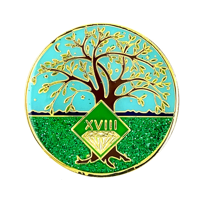 18 Year Tree of Life Specialty Tri-Plated NA Recovery Medallion - Eighteen Year Chip/Coin - Green/Blue