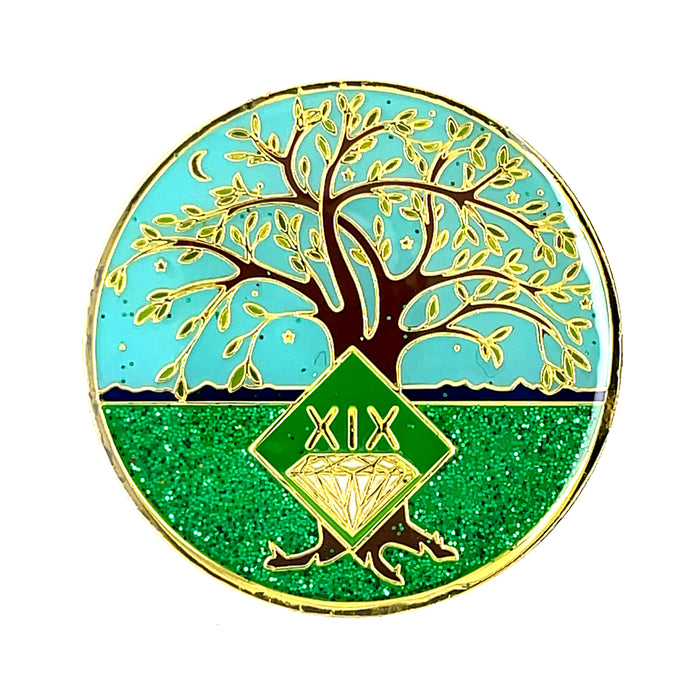 19 Year Tree of Life Specialty Tri-Plated NA Recovery Medallion - Nineteen Year Chip/Coin - Green/Blue