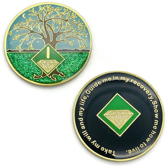 1 Year Tree of Life Specialty Tri-Plated NA Recovery Medallion - One Year Chip/Coin - Green/Blue + Velvet Case