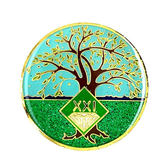 21 Year Tree of Life Specialty Tri-Plated NA Recovery Medallion - Twenty One Year Chip/Coin - Green/Blue