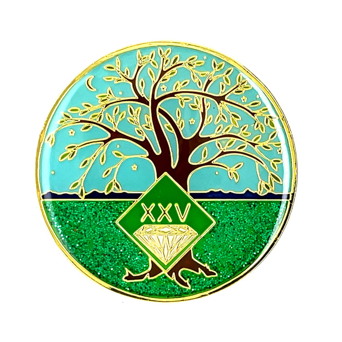 25 Year Tree of Life Specialty Tri-Plated NA Recovery Medallion - Twenty Five Year Chip/Coin - Green/Blue