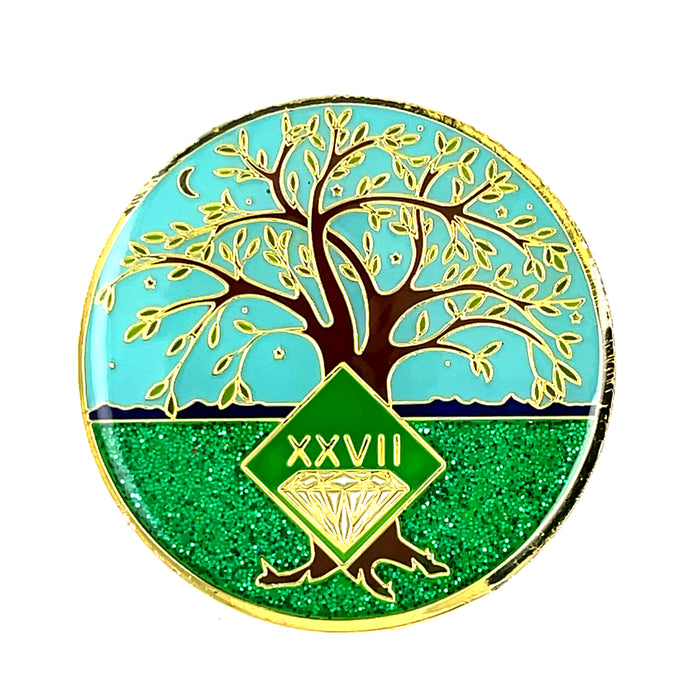 27 Year Tree of Life Specialty Tri-Plated NA Recovery Medallion - Twenty Seven Year Chip/Coin - Green/Blue