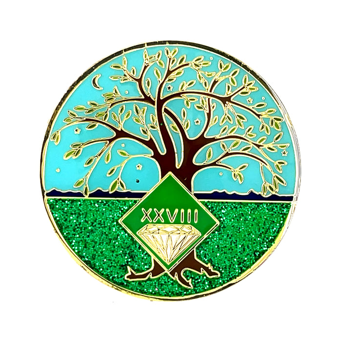 28 Year Tree of Life Specialty Tri-Plated NA Recovery Medallion - Twenty Eight Year Chip/Coin - Green/Blue