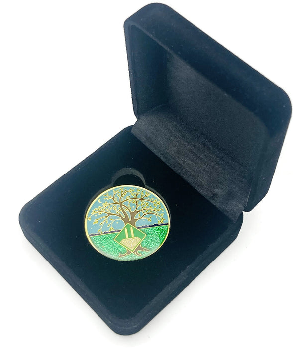 2 Year Tree of Life Specialty Tri-Plated NA Recovery Medallion - Two Year Chip/Coin - Green/Blue + Velvet Case