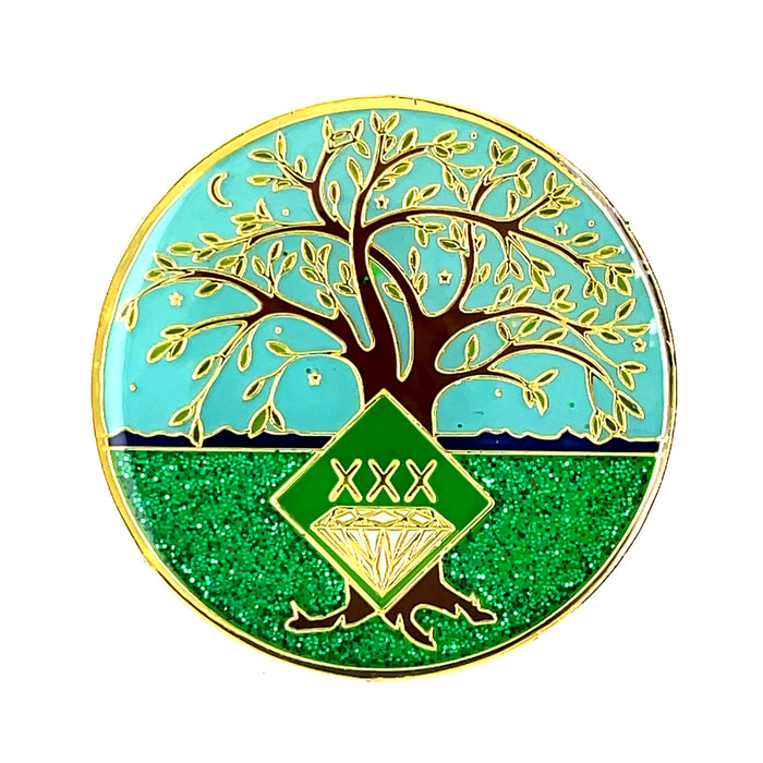 30 Year Tree of Life Specialty Tri-Plated NA Recovery Medallion - Thirty Year Chip/Coin - Green/Blue