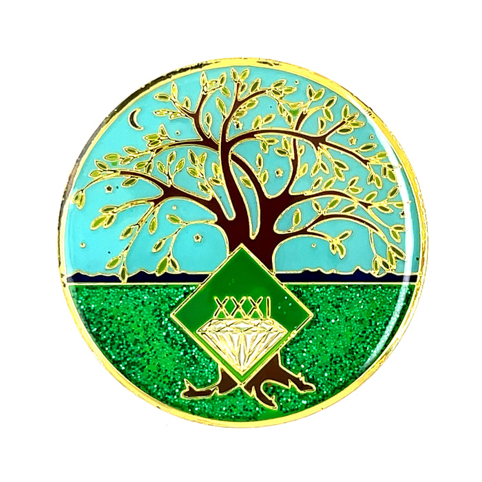 31 Year Tree of Life Specialty Tri-Plated NA Recovery Medallion - Thirty One Year Chip/Coin - Green/Blue