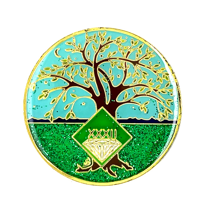 32 Year Tree of Life Specialty Tri-Plated NA Recovery Medallion - Thirty Two Year Chip/Coin - Green/Blue