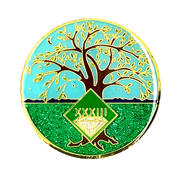 33 Year Tree of Life Specialty Tri-Plated NA Recovery Medallion - Thirty Three Year Chip/Coin - Green/Blue
