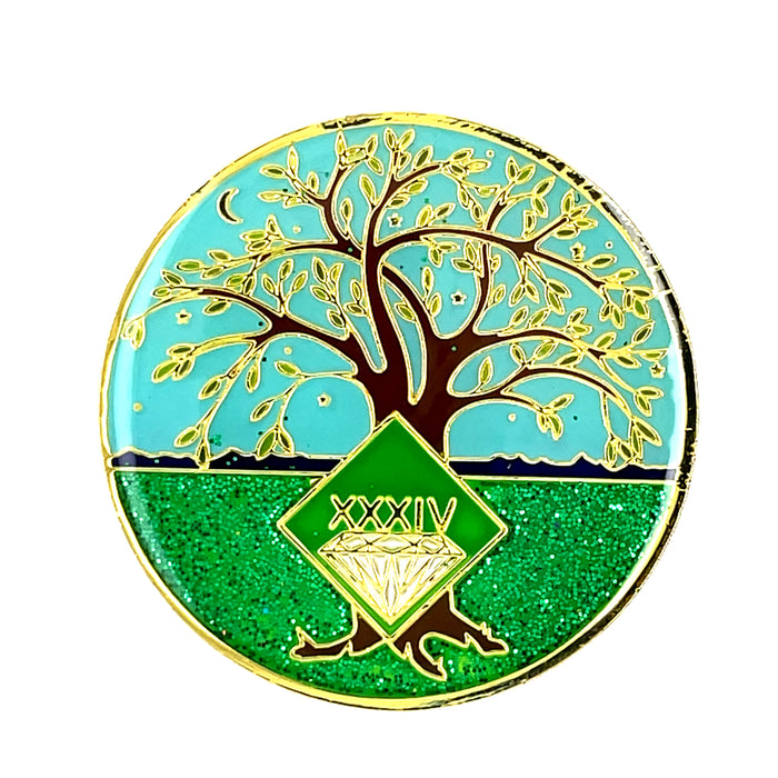 34 Year Tree of Life Specialty Tri-Plated NA Recovery Medallion - Thirty Four Year Chip/Coin - Green/Blue