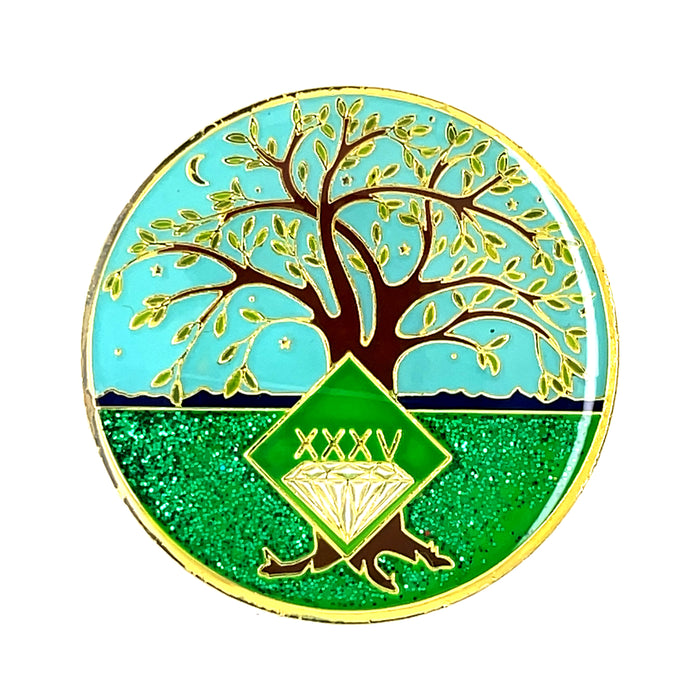 35 Year Tree of Life Specialty Tri-Plated NA Recovery Medallion - Thirty Five Year Chip/Coin - Green/Blue